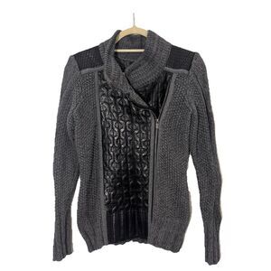 Nic+Zoe Sweater Jacket Womens S Leather‎ Knit Chunky Full Zip Heavyweight Gray
